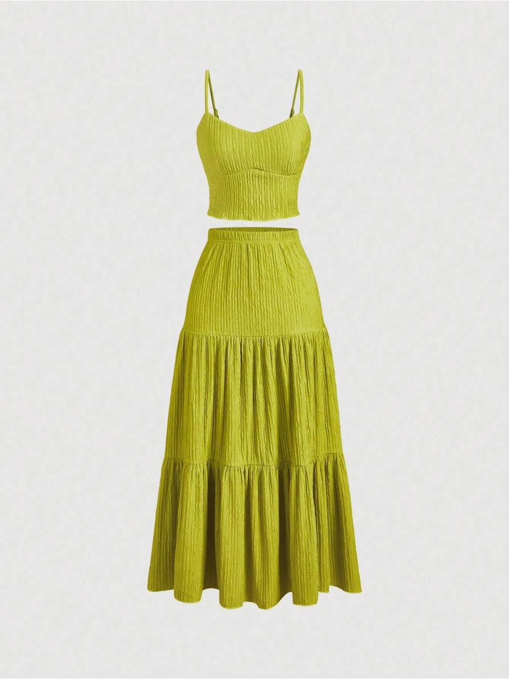 SHEIN MOD Lime Green Crinkle Camisole and Tiered Maxi Skirt Set Small